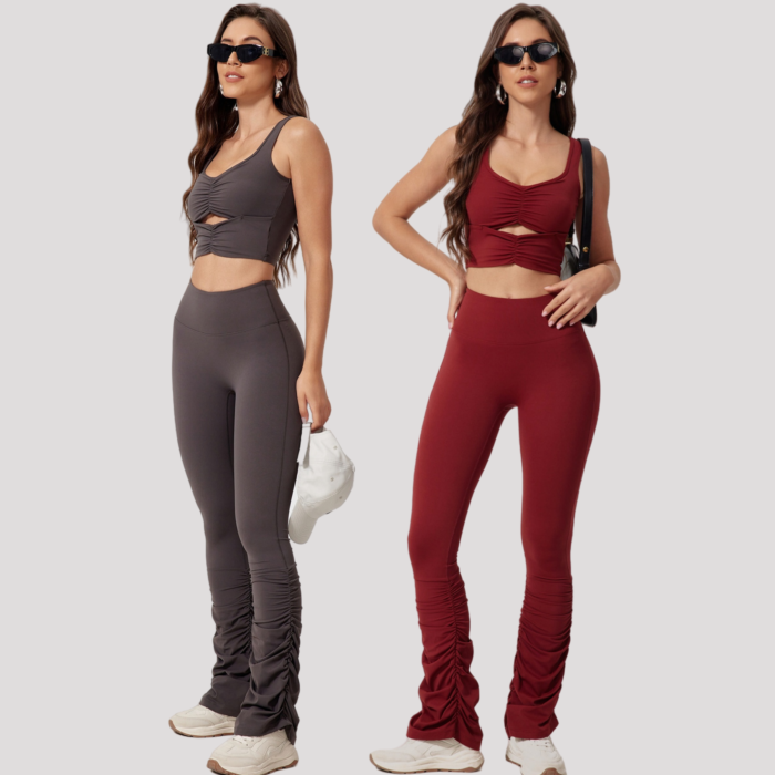 Wrinkle Sports Bra and Flare  Pants Best Yoga Wear Suits H035