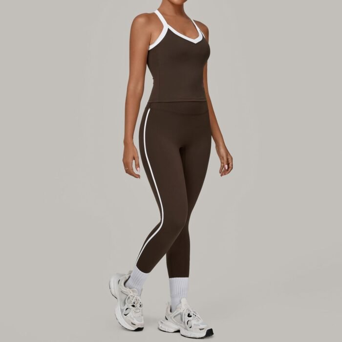 Women Deep V Collar Built In Vests and Leggings Workout Suits H042 - Image 7