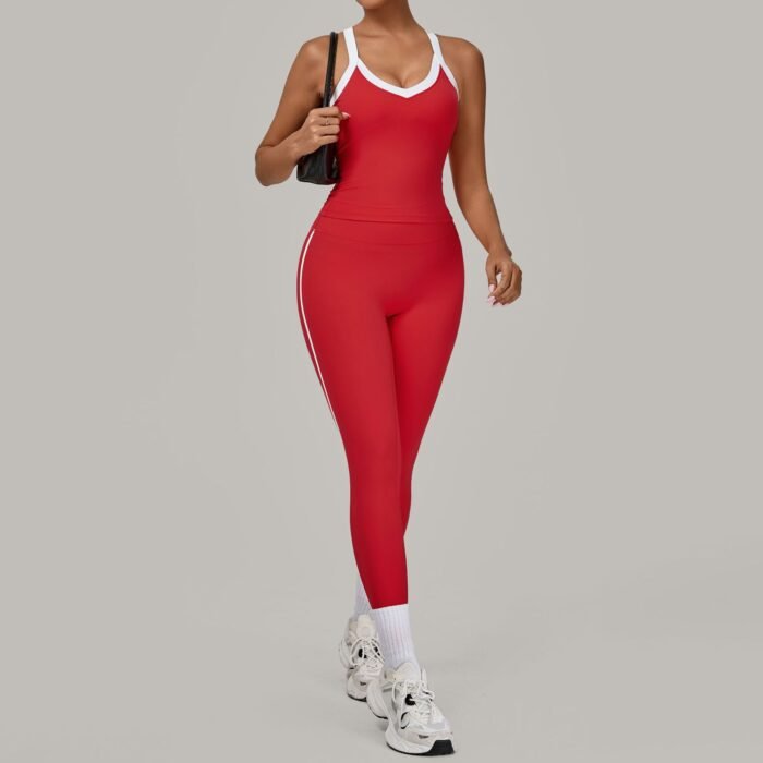 Women Deep V Collar Built In Vests and Leggings Workout Suits H042 - Image 8