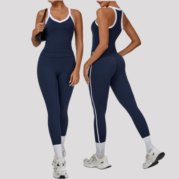 Women Deep V Collar Built In Vests and Leggings Workout Suits H042