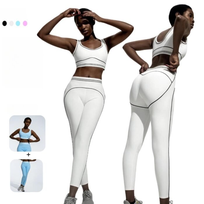 Ladies Patchwork Sports Bra and White Banding Gym Leggings Pilates Suits H045 - Image 7