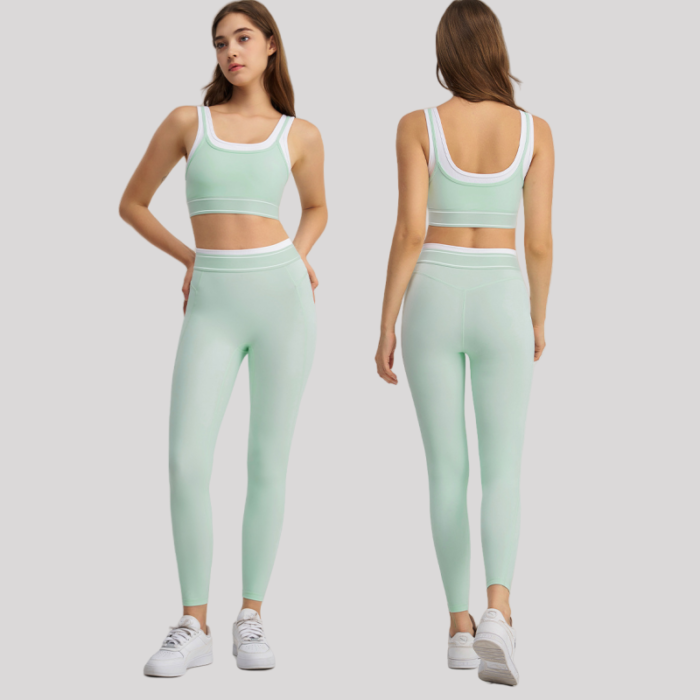 Ladies Built in Gym Bra High Waist Pockets Leggings Pilates Suits H044