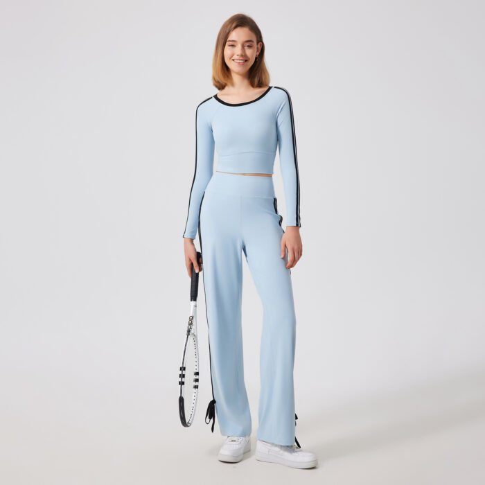 Women Stripe Long Sleeve Shirts and Flare Leggings  Pilates Suits H043 - Image 2
