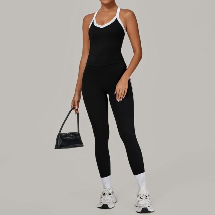 Women Deep V Collar Built In Vests and Leggings Workout Suits H042 - Image 5
