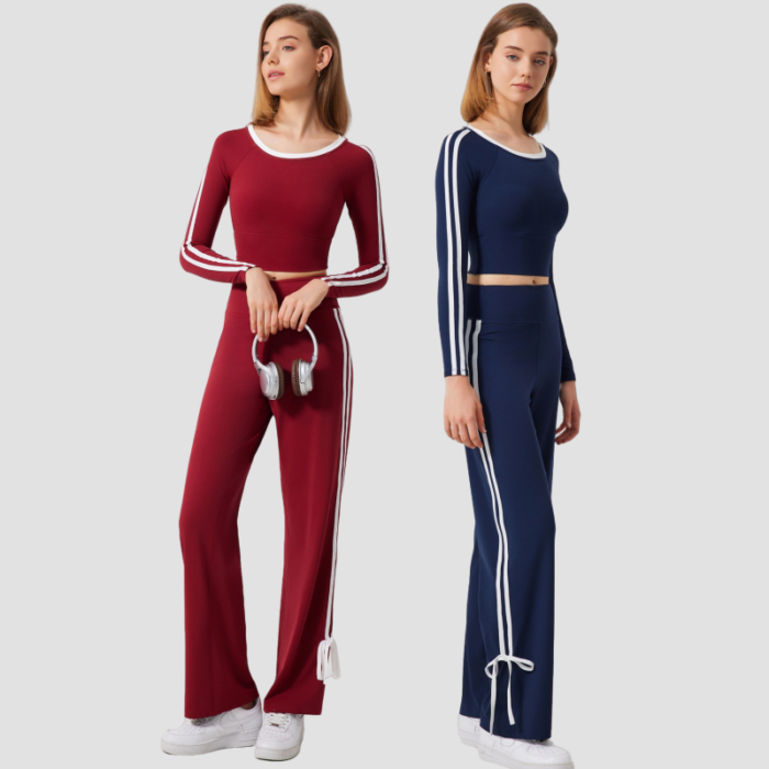 Women Stripe Long Sleeve Shirts and Flare Leggings  Pilates Suits H043